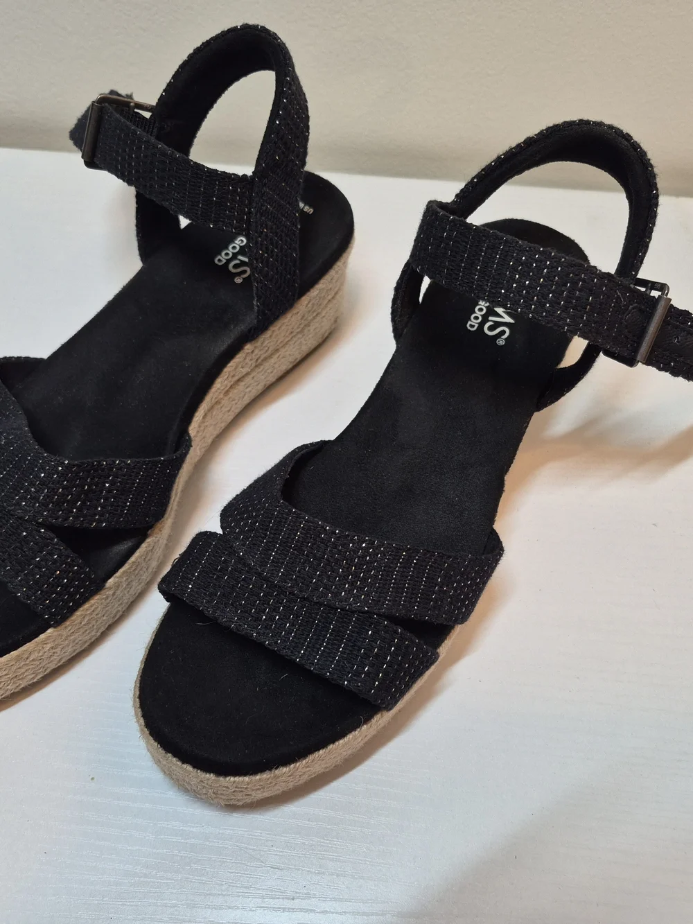 Toms Black Espadrille Wedge Sandals with Subtle Metallic Thread